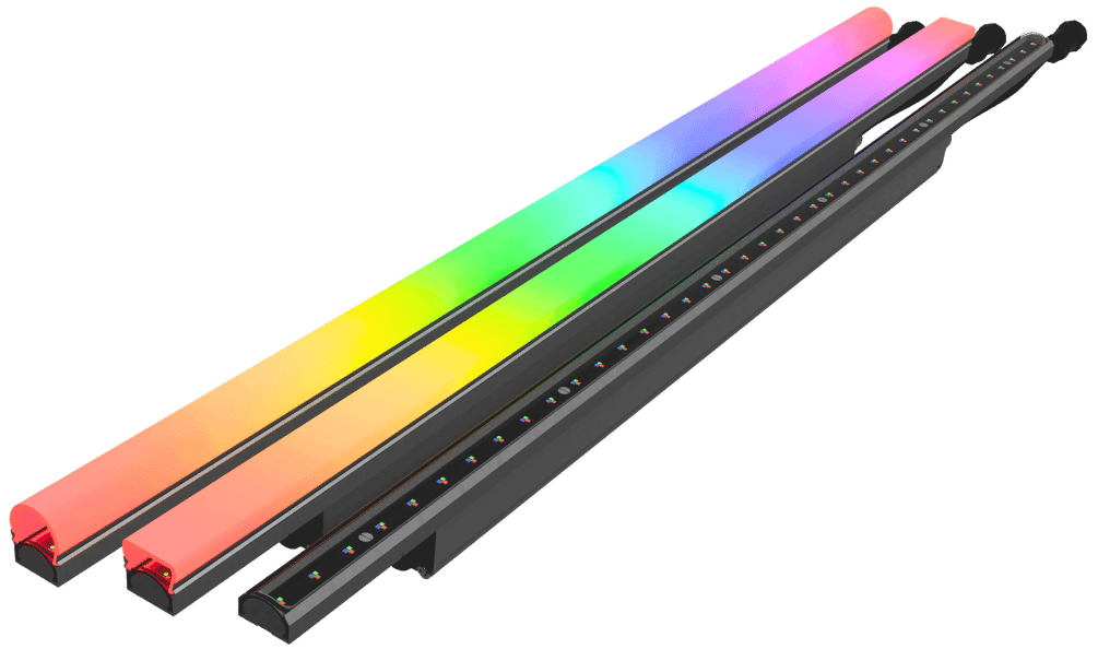 VidLine outdoor linear LED lighting fixture by PIXL Lighting mounts onto building facades, displaying dynamic video content across architectural exteriors.